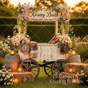 May include: A rustic white wooden kissing booth decorated with pink flowers, string lights, and a sign that reads "Kissing Booth." The booth has a western theme, with a saddle, hats, and a blanket. The image also includes hay bales, lanterns, and the text "12 Western Kissing Booths."