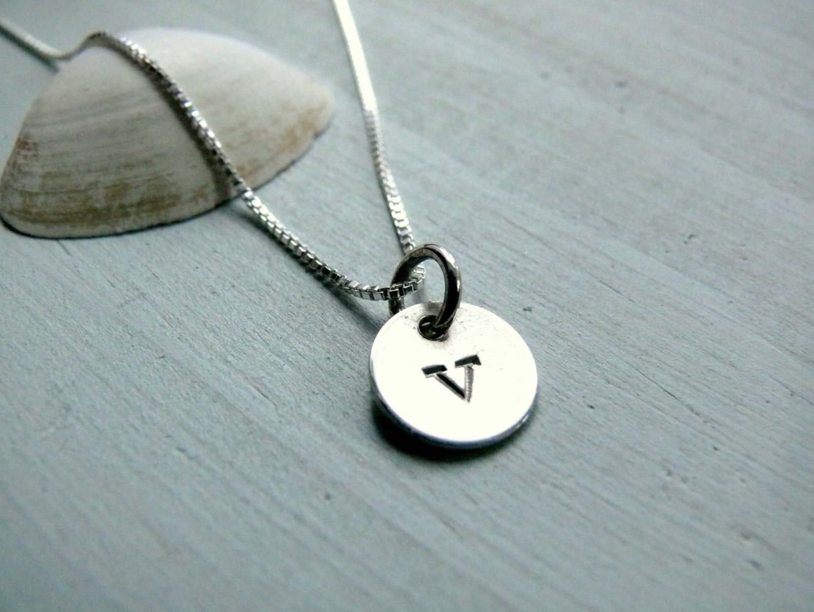 Initial Necklace Stamped Letter V Necklace Silver Bridal Etsy