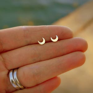 Moon Stud Earrings Yellow Gold Crescent moon post earrings image 1