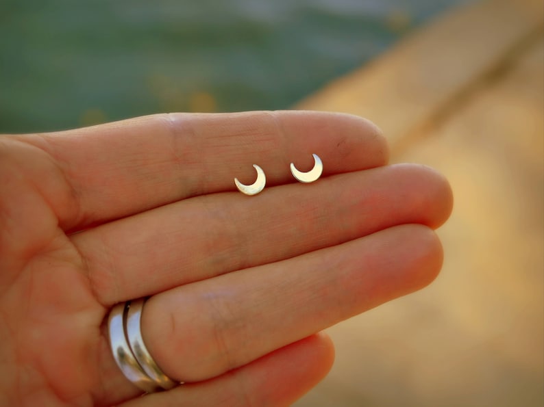 Moon Stud Earrings Yellow Gold Crescent moon post earrings image 1