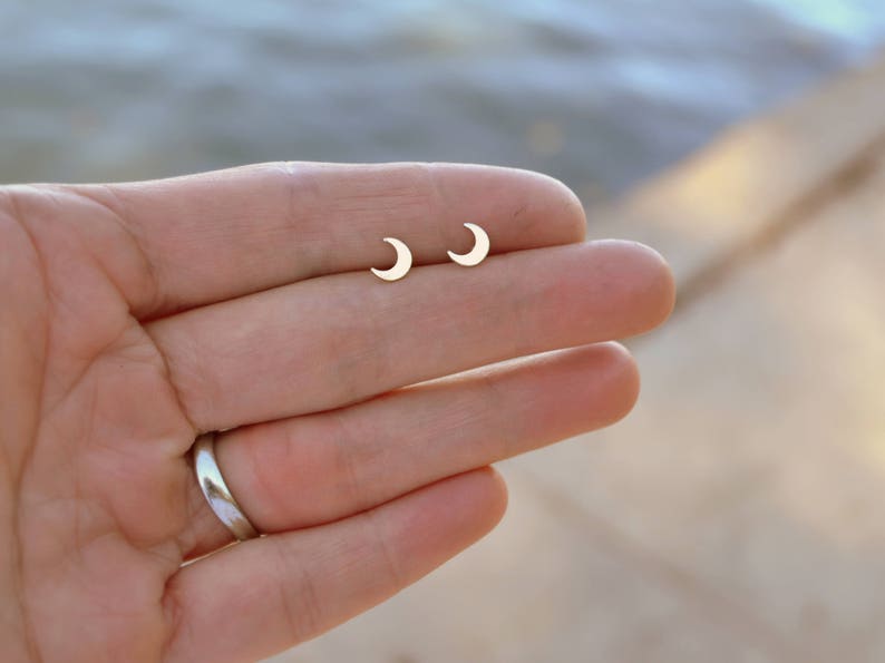 Moon Stud Earrings Yellow Gold Crescent moon post earrings image 2