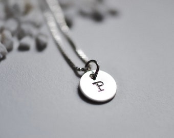 Stamped Initial Necklace Letter P Vintage Silver Disk Wedding Jewelry Necklace