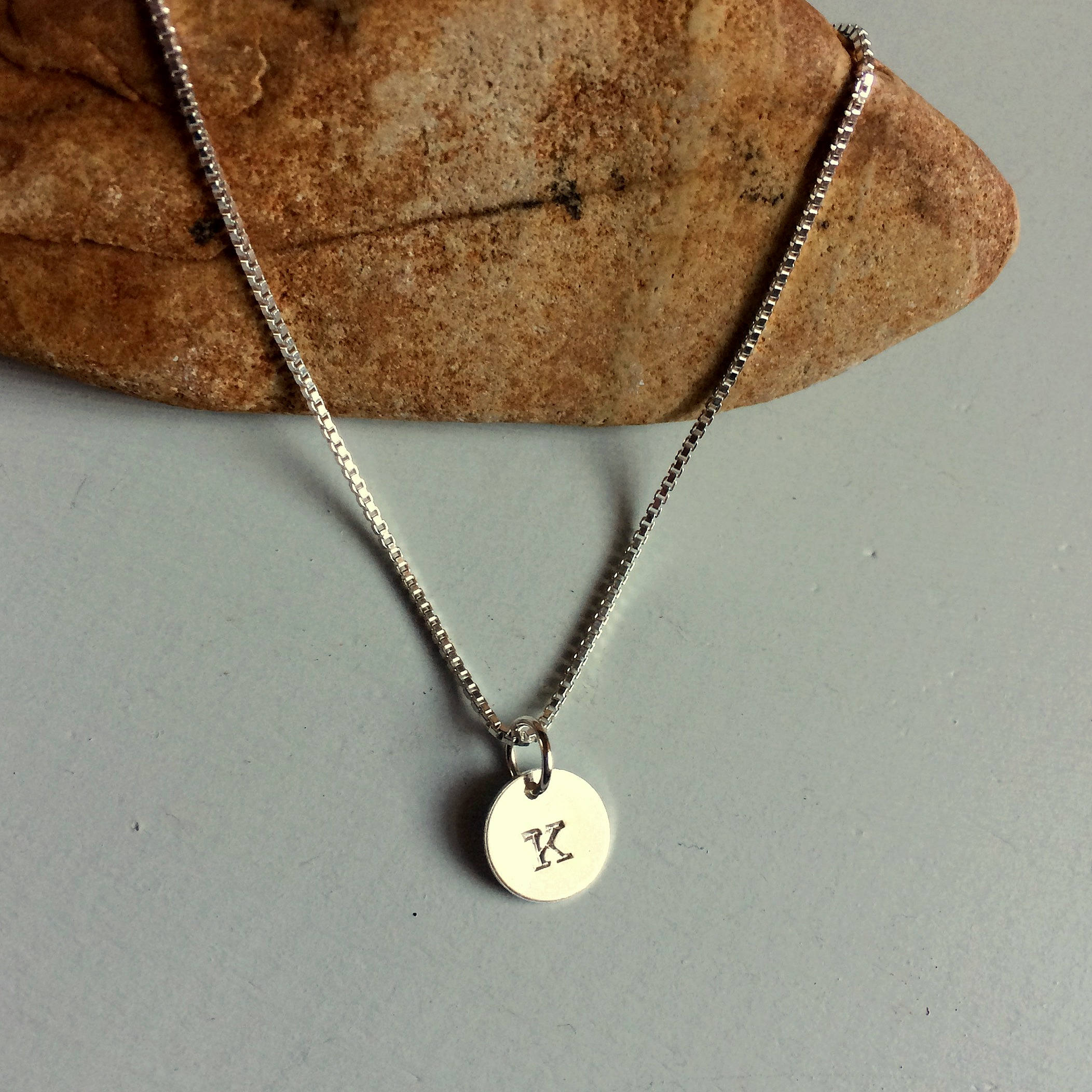 Stamped Letter K Necklace Silver Disc 