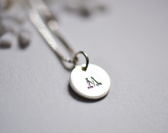 Initial Necklace Stamped letter M silver disc necklace Sunshine On Water jewelry