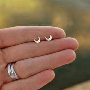 Moon Stud Earrings Yellow Gold Crescent moon post earrings image 5