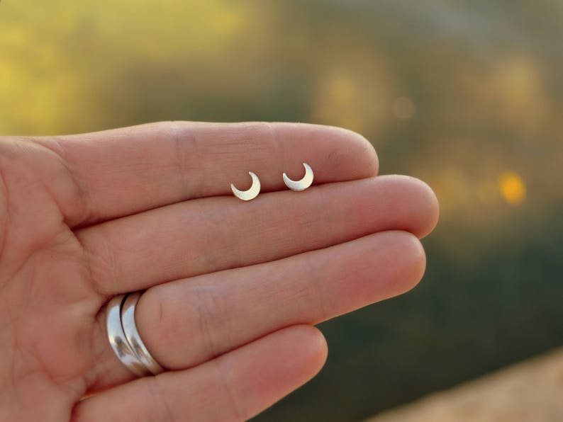 Moon Stud Earrings Yellow Gold Crescent moon post earrings image 5