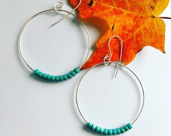 Silver Hoop Earrings Hammered Circle Blue Boho Earrings