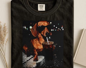 Funny Dachshund Drinking Iced Coffee Comfort Colors Shirt, Animal Meme Graphic Tee, Dog Owner Gift, Gift for Men, Women