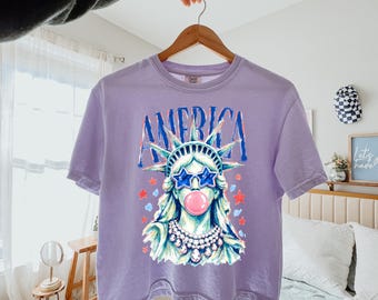 Comfort Colors® Boxy Tee  America Statue of Liberty Blowing Bubble Gum 4th of July Shirts, 250th Anniversary Shirt, Independence Day Outfit