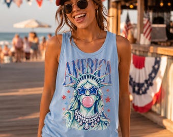 America Statue of Liberty Blowing Bubble Gum Tank Top, 250th Anniversary Tank Top, 4th of July Beach Party Tank,  Independence Day Outfit