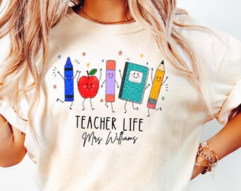 Comfort Colors® Teacher Life Shirt, Personalized Teacher Name Shirt, Back To School Gift, School Supplies T-shirt, Apple Pencil Notebook Tee