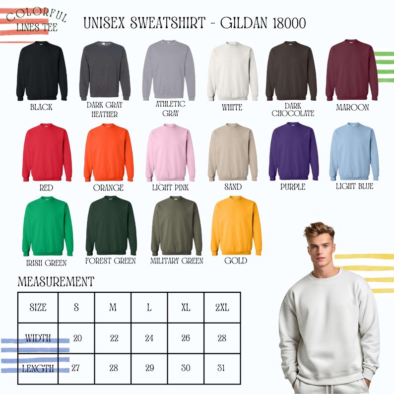 May include: A selection of unisex sweatshirts in various colors, including black, gray, red, and gold. The image displays a size chart with measurements in inches for width and length. The text "UNISEX SWEATSHIRT - GILDAN 18000" is visible.