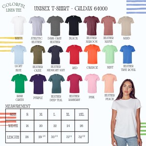 May include: A variety of Gildan 64000 unisex t-shirts in various colors, including white, black, and heathered shades. The image displays a size chart with measurements in inches, and a woman wearing a white t-shirt.