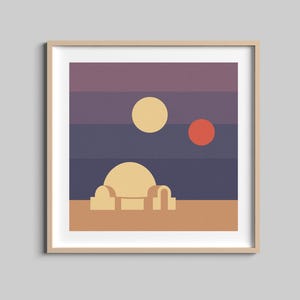 May include: Framed art print featuring a minimalist landscape design. The artwork depicts a sunset scene with two suns, a planet, and a building in shades of purple, blue, orange, and beige. The print is in a wooden frame.