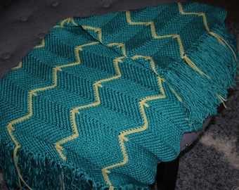 Crochet Teal Ripple Baby Blanket with Yellow Accents