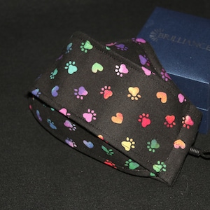 3D Face Mask - Small Rainbow Paws on Black