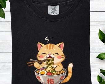 Noodle Cat Comfort Colors Tee, Cute Ramen Graphic Shirt