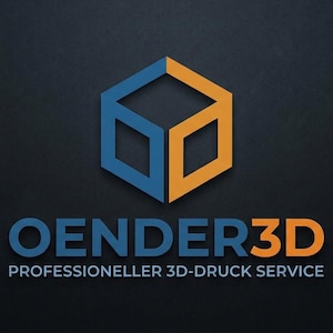 Może przedstawiać: Logo przedstawiające niebiesko-pomarańczową ikonę sześcianu nad tekstem OENDER3D oraz frazą PROFESSIONELLER 3D-DRUCK SERVICE. Projekt wykorzystuje nowoczesną czcionkę z efektem cienia na ciemnym, teksturowanym tle.