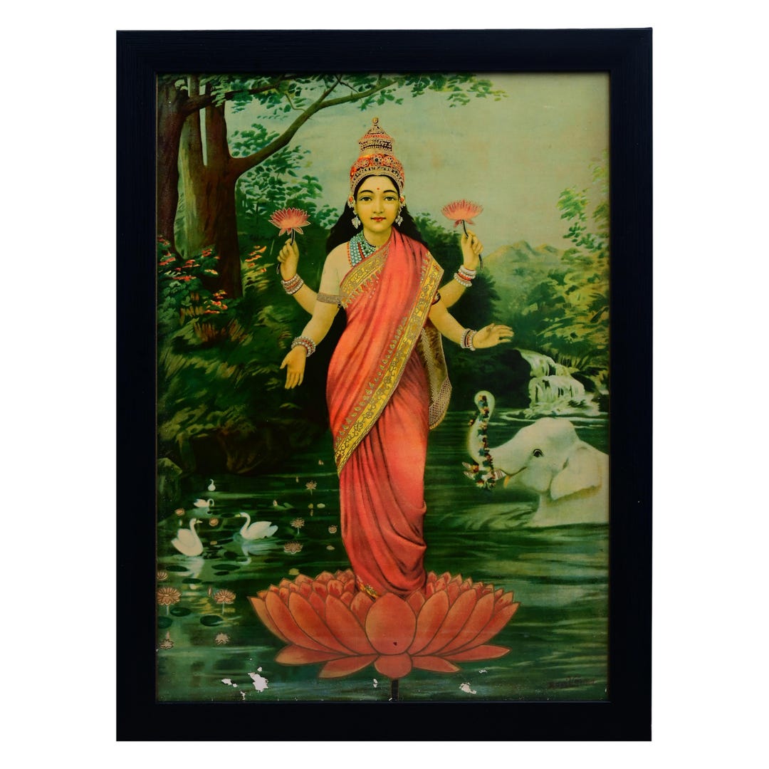 Mahalakshmi Ravi Vintage Raja Ravi Varma Lakshmi Print, Lotus & Elephants, Indian Wall ...