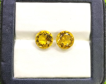 Natural Citrine Gemstone Pair: Round Faceted Cut, 9mm Yellow Gem