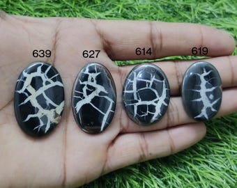 May include: Four oval-shaped gemstones with a black base and white veining. Each stone has a unique pattern. The gemstones are labeled with the numbers 639, 627, 614, and 619. The stones are held in a hand against a green background.