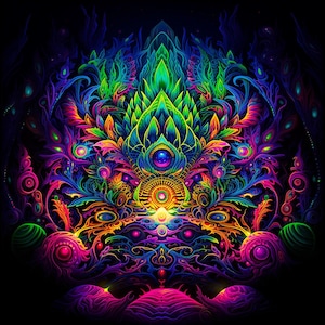 UV TAPESTRY «In Depth» Black light glow trippy psychedelic backdrop space wall hanging fractal party boho decorations visionary abstract art