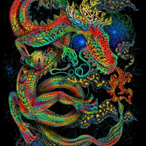 UV BACKDROP &quot;Fairytale Dragon&quot; - Ihtianderson psychedelic artwork black light trippy tapestry wall hanging psy decor active glow neon poster