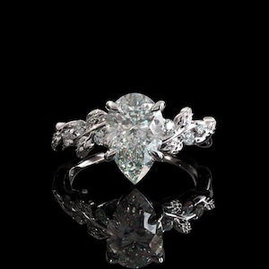 3 CT Pear Cut Moissanite Ring: Leaf Band, Solid Gold Anniversary Ring