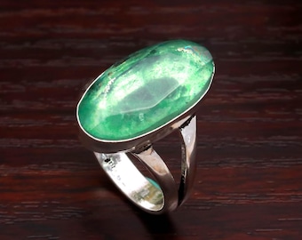 Bezel Set Emerald Quartz Sterling Silver Ring : Handmade Silver Big Oval Gemstone Boho Jewelry
