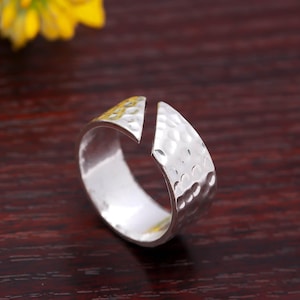 925 Sterling Silver Hammered Texture Open Band Ring | Adjustable Minimalist Statement Ring | Wide Band Chunky Ring for Women | Boho Jewelry