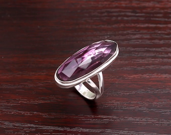 Natural Amethyst Ring : 925 Sterling Silver Large Oval Gemstone Ring