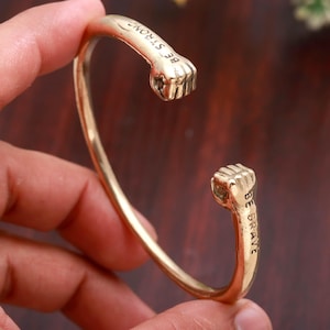 Handmade Brass Fist Bangle: "Be Strong, Be Brave" Adjustable Cuff