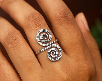 Handmade Sterling Silver Spiral Ring - Adjustable Oxidized Swirl