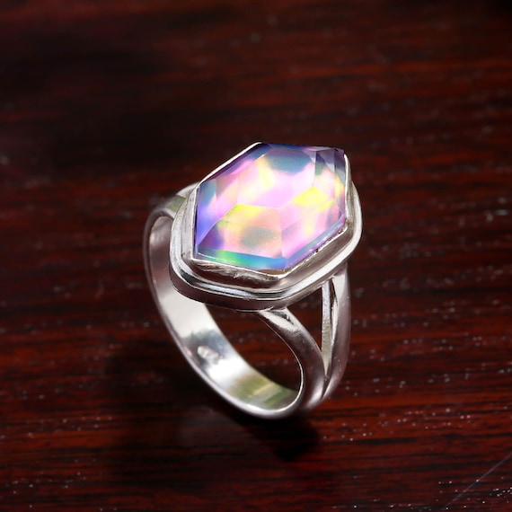 Handmade Aurora Opal Hexagon Ring : 925 Sterling Silver Multicolor Boho Statement Jewelry