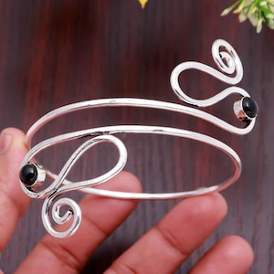 Sterling Silver Black Onyx Spiral Arm Cuff Bangle, Boho Tribal Jewelry