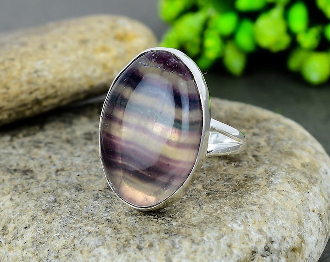 Rainbow Fluorite Ring: Handmade Sterling Silver Oval Gemstone Statement