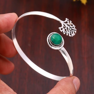 Naturlig grön smaragd ädelstensarmband: Justerbara 925 silverarmband, Boho smycken för mamma