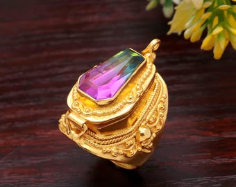 Bio Color Quarz 18K Vergoldeter Sarg Medaillon Ring: 925 Sterling Silber Schmuck, Fach