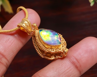 Aurora Opal Rutile Locket Pendant Necklace : 18K Gold Plated Sterling Silver Poison Pendant