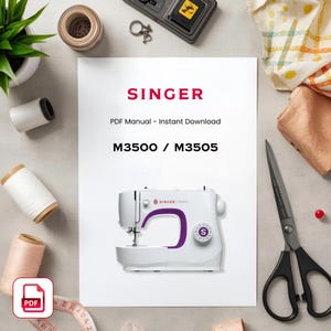 May include: A white document featuring the red SINGER logo, the text PDF Manual - Instant Download, and M3500 / M3505. Below the text is an illustration of a white sewing machine with purple accents and a dial featuring the letter S.