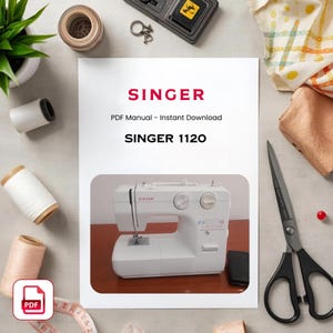 Puede incluir: Una máquina de coser Singer 1120 blanca se muestra con un manual en PDF. El título del manual es "SINGER" en rojo, con el texto "Manual PDF - Descarga instantánea" y "SINGER 1120". También se ven suministros de costura, incluyendo carretes de hilo y tijeras.