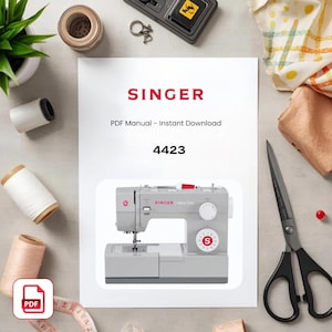 May include: A white document featuring the red SINGER logo, the text PDF Manual - Instant Download, and the number 4423. Below the text is a photograph of a grey Singer Heavy Duty sewing machine with a red SINGER logo on its front panel.