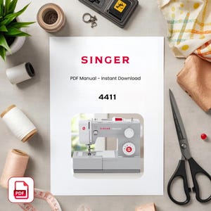 May include: A white document featuring the red text SINGER, the black text PDF Manual - Instant Download, and the number 4411. Below the text is a photograph of a light grey Singer sewing machine with a red logo on the front dial.