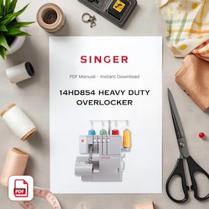 Pode incluir: Um documento branco com o logótipo vermelho da Singer, o texto PDF Manual - Instant Download e 14HD854 HEAVY DUTY OVERLOCKER. Abaixo do texto, há um gráfico de uma máquina overloque Singer cinzenta com quatro carretéis coloridos.