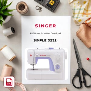 May include: A white document featuring the red text SINGER, the black text PDF Manual - Instant Download, and the black text SIMPLE 3232, with an illustration of a white and light purple Singer Simple 3232 sewing machine centred below.