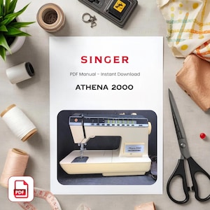 May include: A cream-coloured Singer Athena 2000 sewing machine with black detailing is shown. The image includes the text "SINGER" and "ATHENA 2000". Sewing supplies, such as thread spools and scissors, are also visible on a white surface.