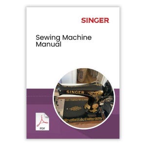 Puede incluir: Una portada de manual blanca con la palabra "SINGER" en rojo en la parte superior. El texto "Sewing Machine Manual" está debajo. Una imagen circular muestra una máquina de coser negra con detalles dorados. Un icono PDF está en la esquina inferior izquierda.