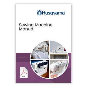Może przedstawiać: Biała okładka instrukcji z logo Husqvarna i tekstem "Sewing Machine Manual". Okładka ma fioletową obwódkę i okrągły kolaż zdjęć maszyn do szycia, w tym ikonę PDF.