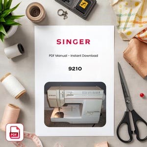 以下が含まれることがあります： 赤い文字でSINGER、黒い文字でPDF Manual - Instant Download、9210と書かれた白い文書。テキストの下には、赤い水平線といくつかのダイヤルが付いた白いシンガー製ミシンの写真が配置されています。