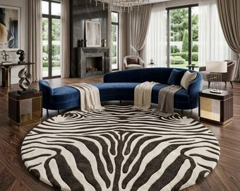 Alfombra redonda moderna con estampado de cebra, alfombra hecha a mano con diseño de animales.